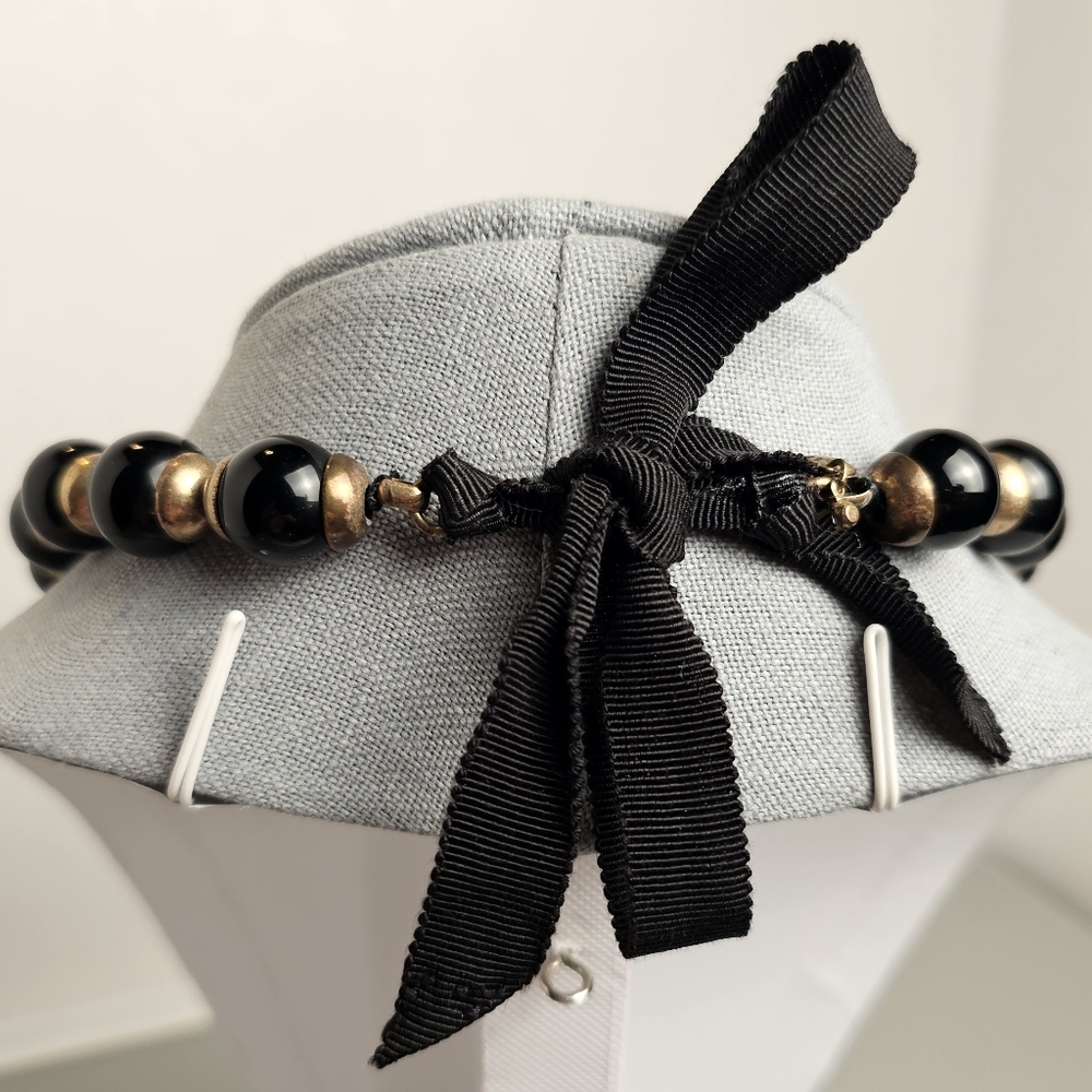 [J. CREW] Black & Gold ○● Beaded Statement Necklace with Cloth Tie - Picture 8 of 15
